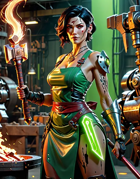 (sfw), 1 woman, goddess of the forge, Hephaestus, middle-aged woman in her 40s, slim toned physique, medium length black hair with red streaks, burn scars on chest and arms, wearing leather apron with glowing symbols, she swings a huge hammer in one hand o...