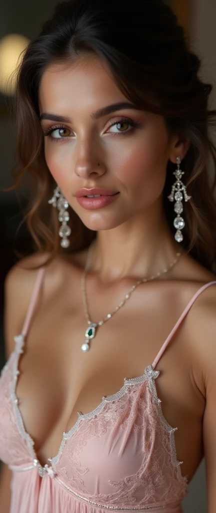 Lebanese lady, diamond dangling earrings, necklace, bracelets, small breasts, 25 years old, smokey eyes, cleavages, lace lingerie, soft pink nightgown, red lips, innocent face,cleavage