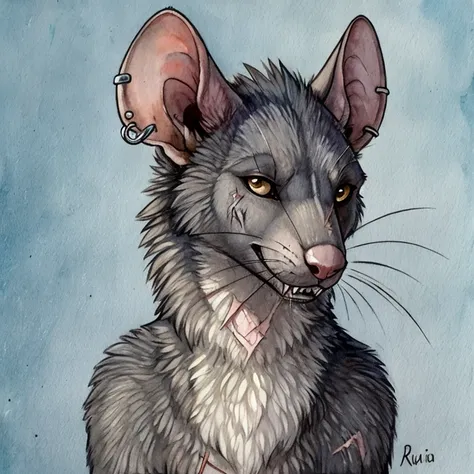 Female, Black Rat, Rodent, looking to the camera, industrial ear piercing, feral, sharp teeth, smile, face scars, face wounds, body scars, body wounds, fluffy body, standing, high quality, rat face, rat head, masterpiece, simple background, no colours, sha...