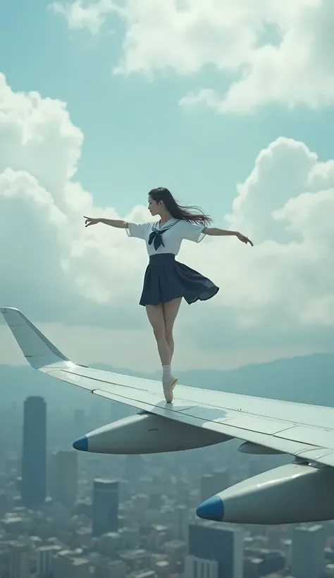 live-action、Real、Beautiful Japanese high school girl ballet dancing on the wing of a jumbo jet、profile、Student Uniform、You can see the Tokyo cityscape below.、cloudy