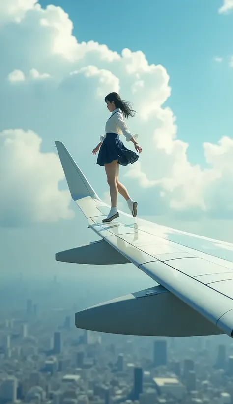 live-action、Real、Beautiful Japanese high school girl ballet dancing on the wing of a jumbo jet、profile、Student Uniform、You can see the Tokyo cityscape below.、cloudy