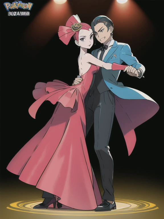 Design two Pokémon adult gym leaders pokemon trainers who are passionate tango dancers. They should exude elegance, confidence, and a sense of partnership. Imagine them in a classic tango pose, with one leading and the other following. Incorporate Pokémon ...