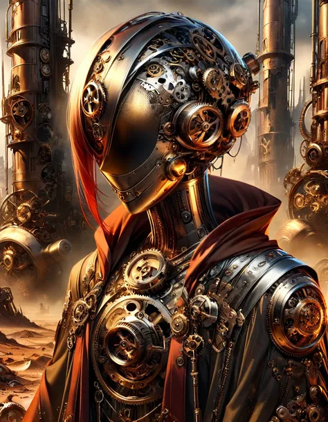 wasteland, steampunk silver and red character, robe, no face, but only a head shape, 3/4 close, ethereal