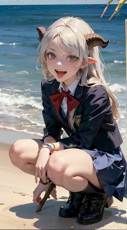 beach,Squatting,SDU,1girl,au ra,solo,black skin,horns,blue eyes,scales,colored skin,long hair,jewelry, white hair,dragon horns,bracelet,navel,skirt,boots,   realistic, masterpiece, best quality, 1 girl, (((high school uniform))), slender, girl looks into c...