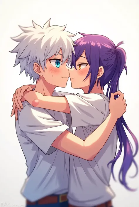 Two teenage boys, one with white hair and blue eyes with freckles and the other with a ponytail and purple hair and honey eyes kissing anime style 