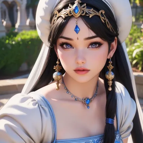 1girl, Jasmine from Disneys Aladdin, beautiful detailed eyes, beautiful detailed lips, extremely detailed face, long eyelashes, princess dress, in palace gardens, admiring moonlight, (best quality,4k,8k,highres,masterpiece:1.2),ultra-detailed,(realistic,ph...