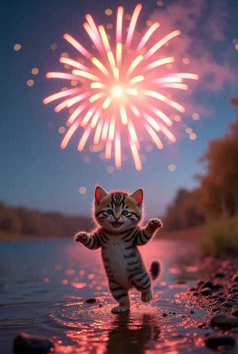 A large, beautiful, rainbow-colored firework bursts into the night sky、The world&#39;s cutest brown tiger-striped kitten dancing happily、((Realistic:1.2))、River bank、Looks happy