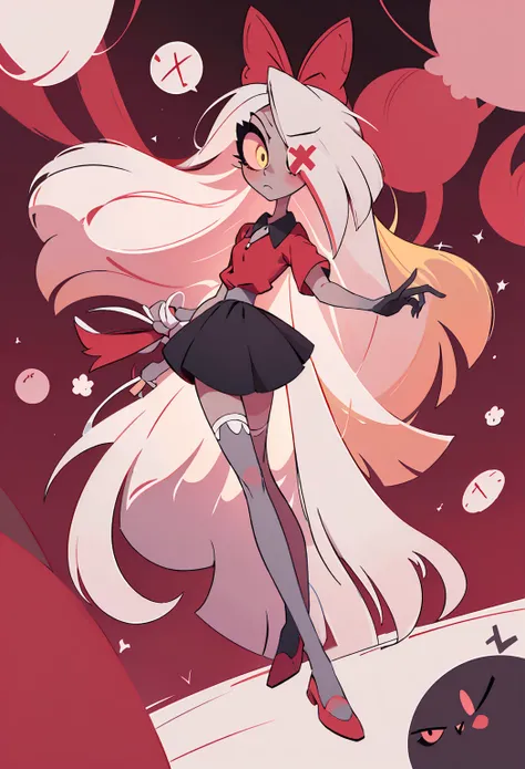 Vaggie from the hazbin hotel, 1 girl, Alone, Masterpiece, Best Quality, illustration, extremely long by white, red ribbon on the back of the head, an eye covered by hair, red x in the eye, pretty eyes, sparkling eyes, sweet expression, good forms, perfect ...