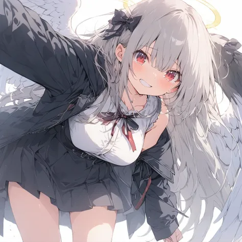 (((anime))) Standing Angel,Angels,Angel Halo,black,Large, ぼろぼろのblackい羽 (Gray Hair),Long Hair,blackの小さなリボン,Red Line (Red eyes),tears,smile,A forced smile and a black coat on,The front desk is free,Worn dress shirt,black Ribbon,Navy blue mini skirt, I spread...