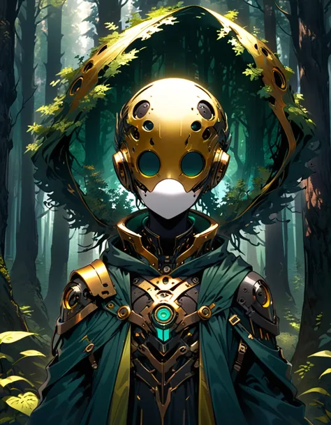 Forest, mythpunk character, robe, no face, but only a head shape, 3/4 close, ethereal, dark green and little golden shades