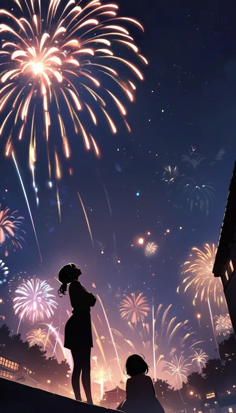 masterpiece, best quality, 1girl, solo, (silhouette), (looking up to the sky), night sky, fireworks, fireworks on the sky, bright fireworks, night time, 