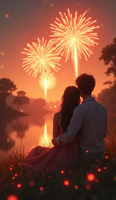 detailed couple enjoying hanabi fireworks, serene rural landscape, riverside, fireflies flying, beautiful detailed eyes, beautiful detailed lips, extremely detailed eyes and face, long eyelashes, romantic, warm colors, golden hour lighting, dramatic lighti...