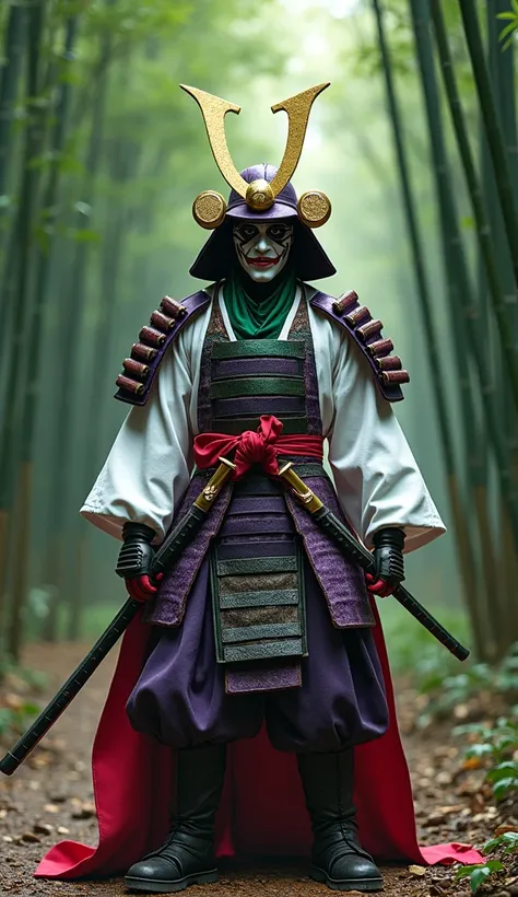 Joker as a samurai with traditional full mask and helmet, standing in a bamboo forest, white, green, purple, and red color outfit and armor, ultra detailed, realistic, epic