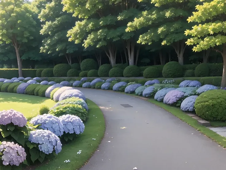 (((No people))),Hydrangea, Park, lake, Small Hill, Pebble Path,anime, masterpiece, Best Quality, Attention to detail, 8k, wallpaper