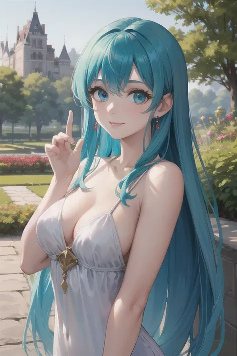 smile, def_eirika, teal hair, jewelry, earrings, garden,castle,outdoors,(masterpiece, best quality, ultra-detailed, best shadow)...