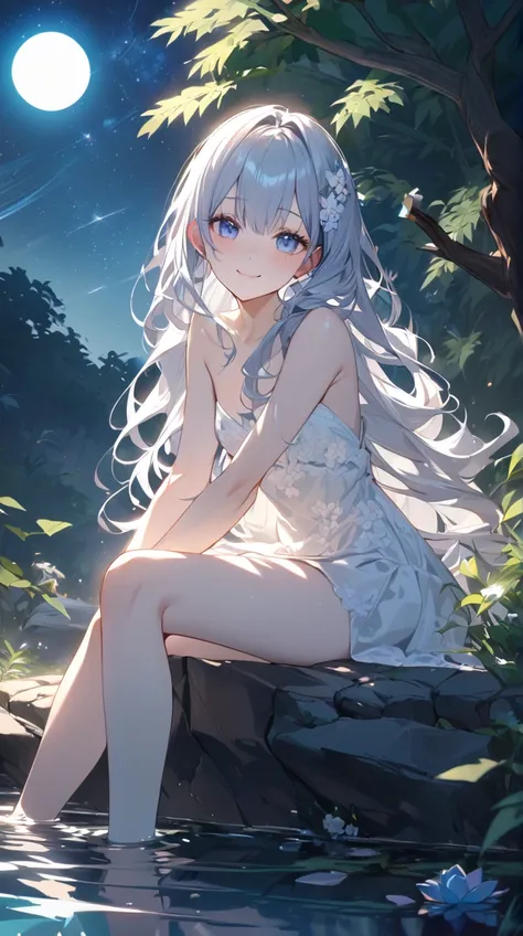 One Girl、Mysterious look、Captivating eyes、Long wavy hair、Sitting on the edge of a hot spring、Graceful pose、White skin、Small breasts、A smile in the steam、Flower Hair Ornament BREAK Soft Moonlight、(A fantastic atmosphere):1.3、Pale Shadow、Cool Tones、A dreamli...