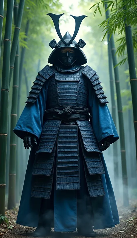 Mr. Freeze as a samurai with traditional full mask and helmet, standing in a bamboo forest, navy blue, powder blue and black color outfit and armor, ultra detailed, realistic, epic