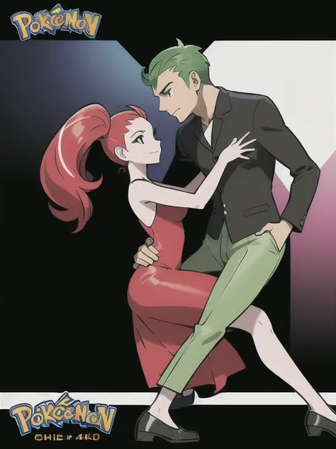 Design two Pokémon adult gym leaders pokemon trainers who are passionate tango dancers ((woman with red hair up)), ((man with green hair)). They should exude elegance, confidence, and a sense of partnership. Imagine them in a classic tango pose, with one l...