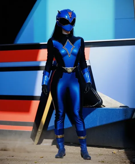 A woman blue rangers, blue ranger suit, as she power rangers blue, full body , helmet mask, long hair, high detailed, realistic, gloves, ultra realistic, ((full face helmet)), black shield sunglasses on eyes, smart black sunglasses 