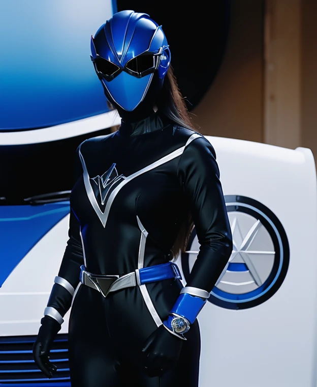 A woman blue rangers, blue ranger suit, as she power rangers blue, full body , helmet mask, long hair, high detailed, realistic, gloves, ultra realistic, ((full face helmet)), black shield sunglasses on eyes, smart black sunglasses 