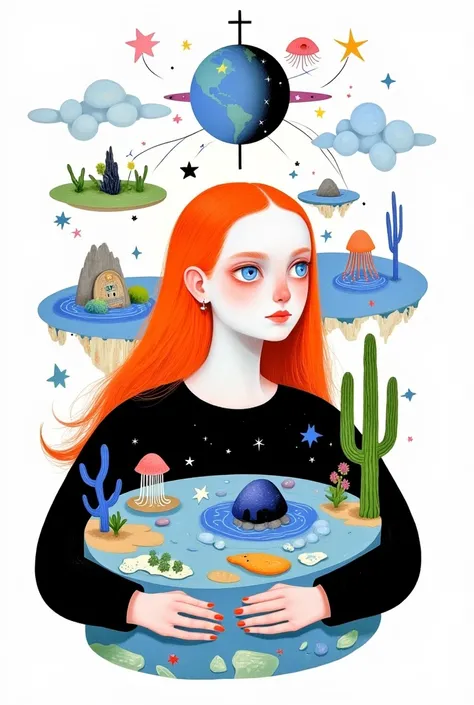 1girl,bird,black shirt,blue eyes,cloud,cross,fish,jellyfish,long hair,long sleeves,no nose,octopus,orange hair,planet,seashell,shell,shirt,simple background,solo,star (symbol),star print,stash,upper body,water,waves,white background