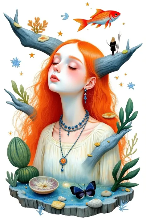 1girl,bug,butterfly,closed eyes,fish,food,jewelry,leaf,long hair,makeup,orange hair,painting \(medium\),shirt,signature,simple b...