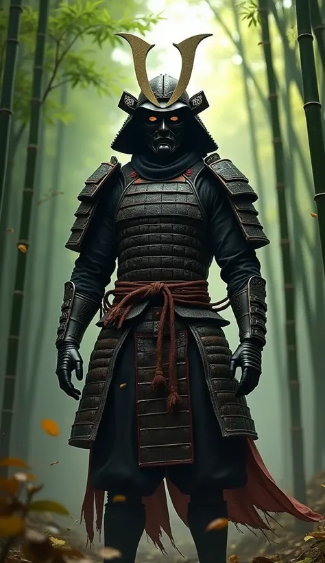 Scarecrow from batman as a samurai with traditional full mask and helmet, standing in a bamboo forest, brown and black color outfit and armor, ultra detailed, realistic, epic