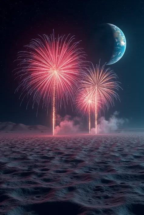 Fireworks seen on the moon, the earth can be seen in the sky