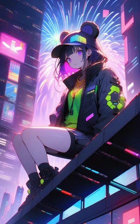 "An ultra-detailed, nano-textured urban dystopia in 8K resolution, showcasing intricate cyberpunk and vibrant neon colors. The protagonist, wearing a large bear-head hat, gold necklace and futuristic, pop clothing, sits on the roof of a building and watche...