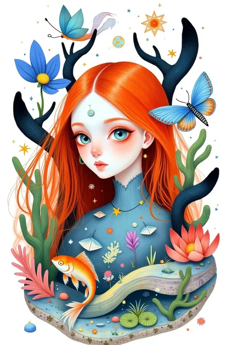 1girl,animal,aqua eyes,artist name,bird,blue butterfly,blue eyes,bug,butterfly,circle,crescent moon,earth (planet),fish,goldfish,leaf,long hair,looking at viewer,makeup,moon,orange hair,planet,simple background,solo,star (symbol),upper body,white backgroun...