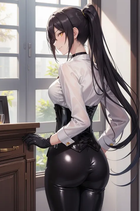 Sakuya Shirase, Sakuya Shirase first, long black ponytail hair, masterpiece, The best quality, high resolution, beautiful detailed eyes, amber yellow eyes, extremely detailed face, good lighting, Detailed CG, 1 woman, standing, view from behind, perfect as...