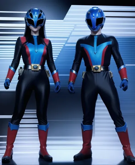 A woman blue rangers, blue ranger suit, as she power rangers blue , full body , helmet mask, long hair, high detailed, realistic, gloves, ultra realistic, ((full face helmet)), black shield sunglasses on eyes, smart black sunglasses 