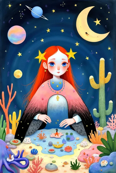 1girl,artist name,bird,christmas ornaments,christmas tree,cloud,constellation,coral,crescent,crescent moon,cross,fish,moon,octopus,painting (medium),planet,saint quartz (fate),seashell,shell,smile,solo,star-shaped pupils,star (sky),star (symbol),star earri...