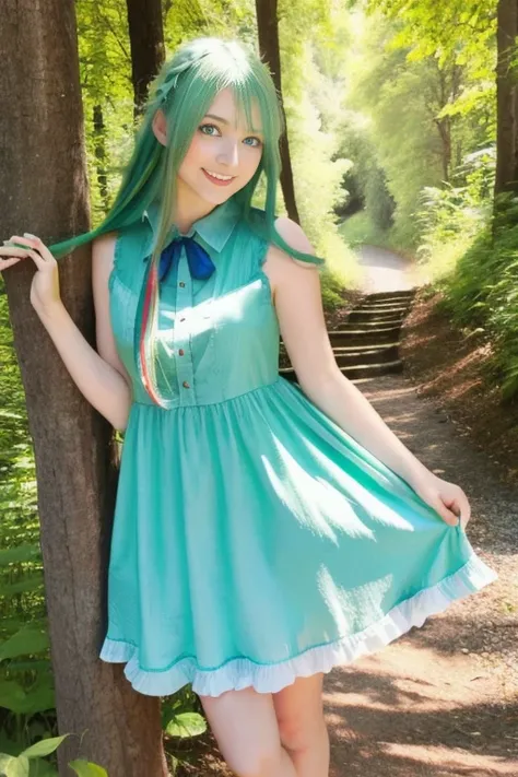 Woman, long green hair, beauty, blue eyes, big breats, sexy, delgada, dress short, legs, escote, smile, in nature