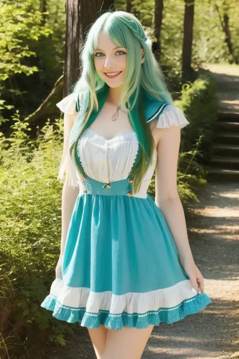 Woman, long green hair, beauty, blue eyes, big breats, sexy, delgada, dress short, legs, escote, smile, in nature