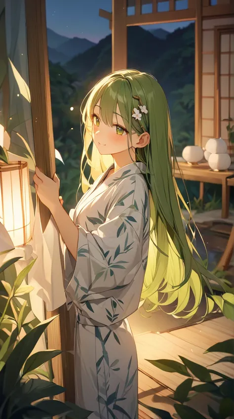 One Girl、Gentle smile、Shining Eyes、Long Straight Hair、Yukata、Relaxed pose、Smooth Skin、Small breasts、Slight redness on the cheeks、Bamboo hair ornament BREAK Soft light、(Twilight Light):1.3、Warm tones、Gentle Shadows、Dreamy atmosphere、A steamy space、Comfortab...