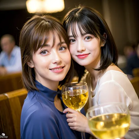 ((White Wine)),((Wine Glasses)),(Realistic, 超Realistic:1.4), 16K HDR, High resolution,((White Wine)),((Wine Glasses)),Happy smile、short hair,The best smile、Japanese actress,so beautiful(It looks like the real thing),dress、Slim couple、Model Couple、(Realisti...