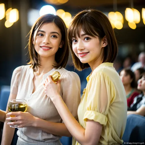 ((White Wine)),((Wine Glasses)),(Realistic, 超Realistic:1.4), 16K HDR, High resolution,((White Wine)),((Wine Glasses)),Happy smile、short hair,The best smile、Japanese actress,so beautiful(It looks like the real thing),dress、Slim couple、Model Couple、(Realisti...