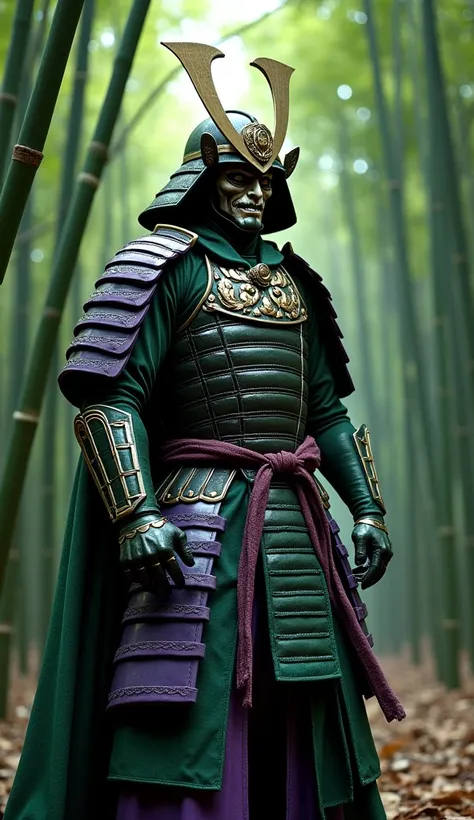 Riddler from batman as a samurai with traditional full mask with a face and helmet, standing in a bamboo forest, green,and purple color outfit and armor, ultra detailed, realistic, epic