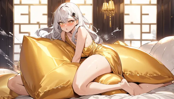 Luxurious golden silk bed rooms, lots of huge golden silk cuddle pillows,（A woman, flowing white hair, melancholy eyes, yellow pupils, black diamond-shaped hairpin, Cute girl posing on huge golden silk pillow,golden silk pillow, Pillow,(golden silk Pillow)...