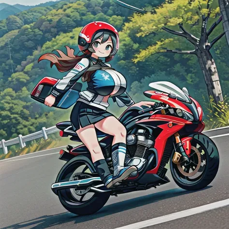 masterpiece, Best Quality, One girl,Chibi, (((motorcycle))), Jump, (((Kyoto Style))), (frown:0.9), smile, speed, Motion Lines, helmet, mini skirt、A silly smile、(((Huge boobs:1.2))), 