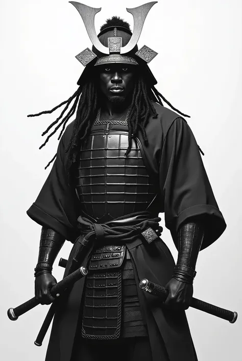 a black and white image of yasuke, the first black samurai, with dreadlocks