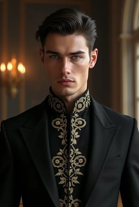 Twenty-five year old prince with grey eyes, handsome, German features and short, dark hair, black clothing with gold filigree.
