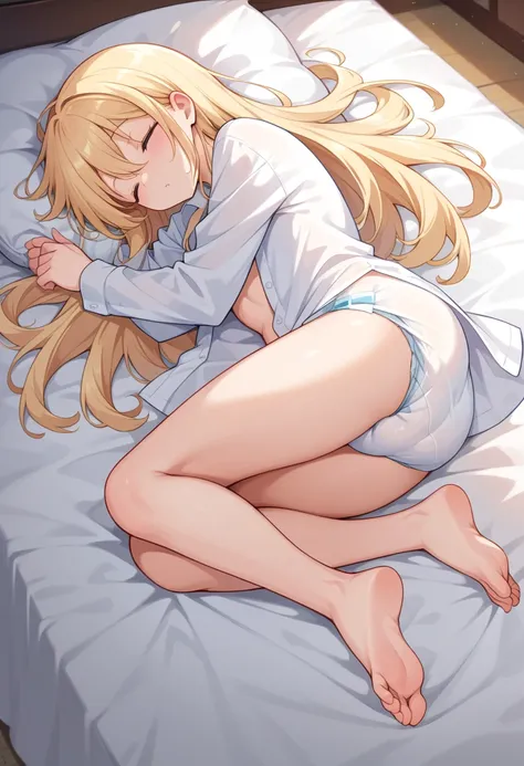 beautiful long blonde　open white shirt　bottomless　diaper　sleeping in bed　barefoot　open your legs