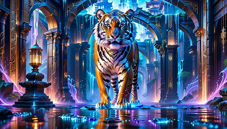 A Masterpiece In 32K Resolution, Supreme Quality, Super Detail, Official Art, Very High-Resolution 32K Wallpaper. A Majestic Tiger With Ultra-Detailed Features Prowls Gracefully In The Foreground. Magical And Arcane, Ultra-Detailed Features. Grand Floating...