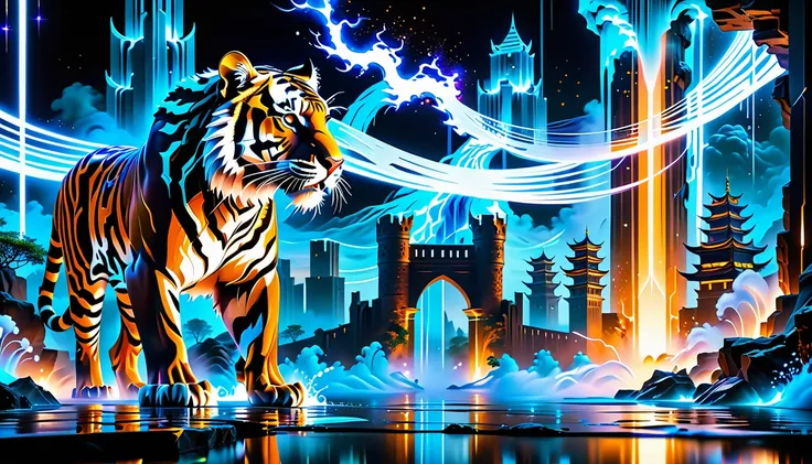 A Masterpiece In 32K Resolution, Supreme Quality, Super Detail, Official Art, Very High-Resolution 32K Wallpaper. A Majestic Tiger With Ultra-Detailed Features Prowls Gracefully In The Foreground. Magical And Arcane, Ultra-Detailed Features. Grand Floating...