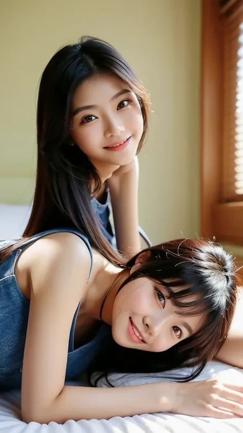 a beautiful teenage asian girl lying on her back on a bed in a cozy bedroom, wearing a sleeveless off-shoulder top. she is looki...