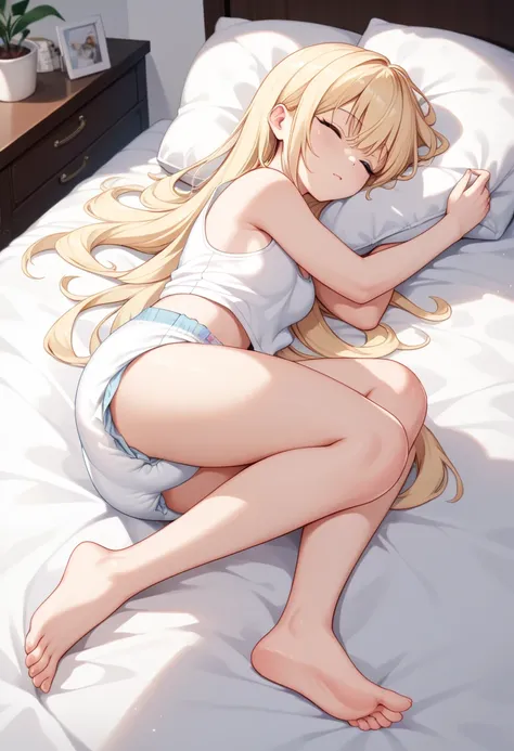 beautiful long blonde　white tank top　bottomless　diaper　sleeping in bed　barefoot　open your legs