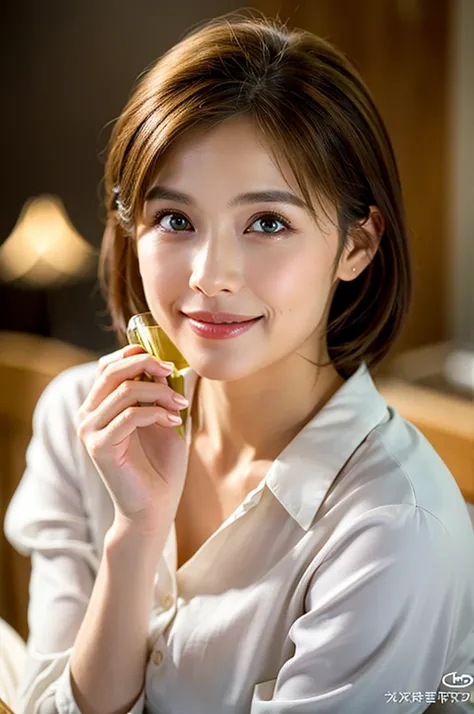 ((White Wine)),((Wine Glasses)),(Realistic, 超Realistic:1.4), 16K HDR, High resolution,((White Wine)),((Wine Glasses)),Happy smile、short hair,The best smile、Japanese actress,so beautiful(It looks like the real thing),dress、Slim couple、Model Couple、(Realisti...