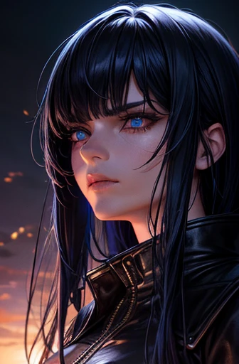 Create two characters, a man and a woman with the following characteristics: the girl has long dark blue hair with pointed bangs and blue-green eyes., She has a bust that is medium to large in size.. He also wears a purple battle suit., of the man A dark-h...